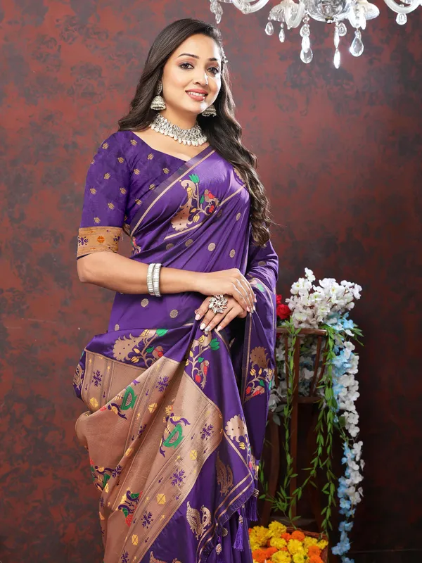 Navy_Blue_Soft_Paithani_Silk_With_Copper_Zari_Weaving_Motifs_And_Rich_Zari_Weaving_Pallu_Saree