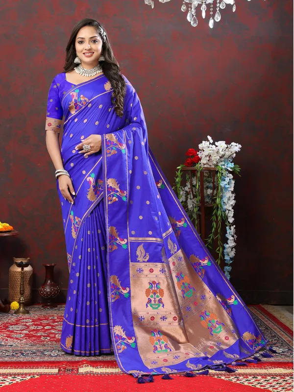 Blue_Soft_Paithani_Silk_With_Copper_Zari_Weaving_Motifs_And_Rich_Zari_Weaving_Pallu_Saree