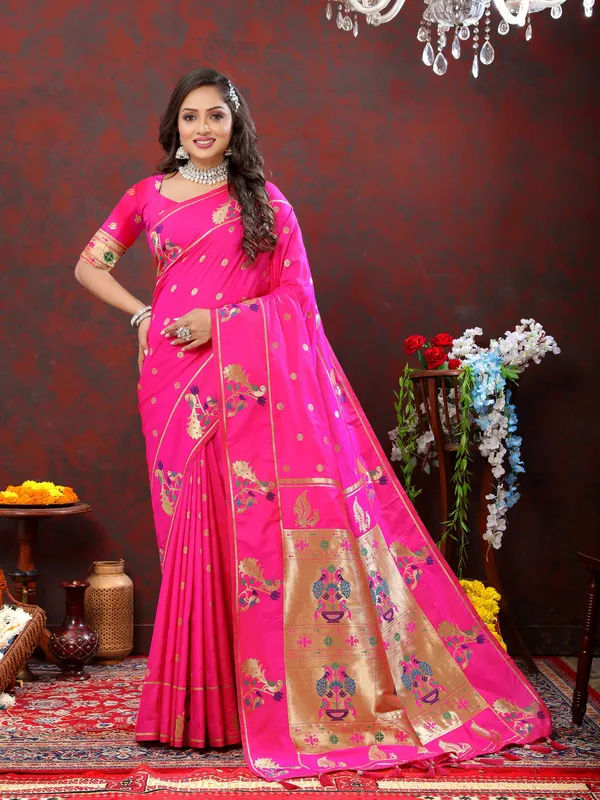 Pink_Soft_Paithani_Silk_With_Gold_Zari_Weaving_Motifs_And_Rich_Zari_Weaving_Pallu_Saree