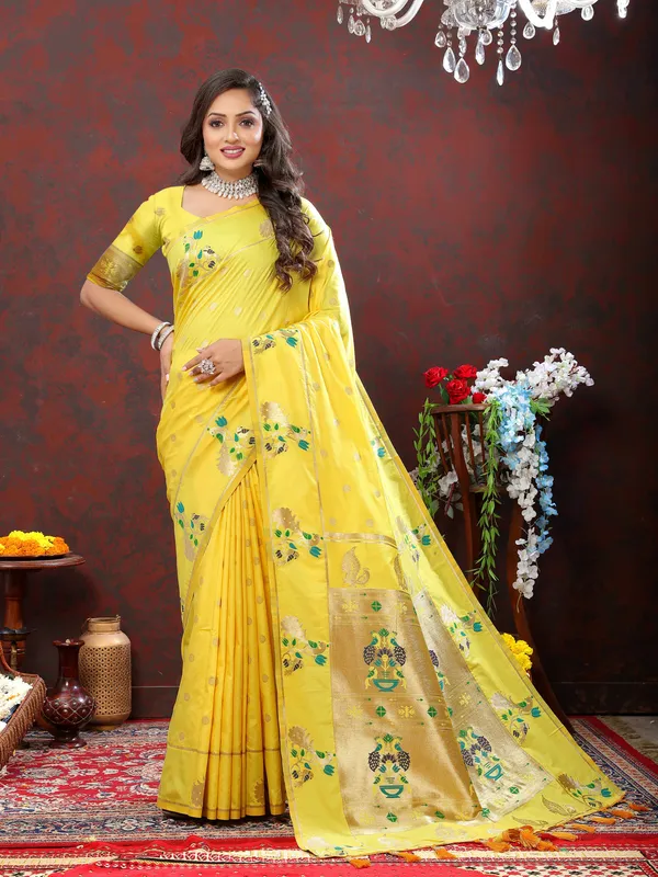 Yellow_Soft_Paithani_Silk_With_Gold_Zari_Weaving_Motifs_And_Rich_Zari_Weaving_Pallu_Saree