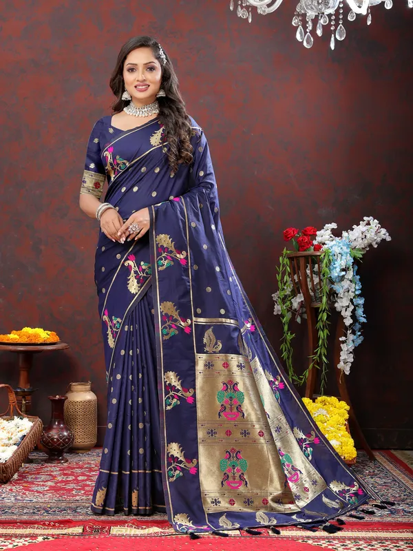 Navy_Blue_Soft_Paithani_Silk_With_Gold_Zari_Weaving_Motifs_And_Rich_Zari_Weaving_Pallu_Saree