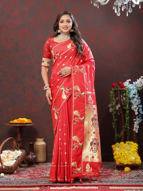 Red_Soft_Paithani_Silk_With_Gold_Zari_Weaving_Motifs_And_Rich_Zari_Weaving_Pallu_Saree