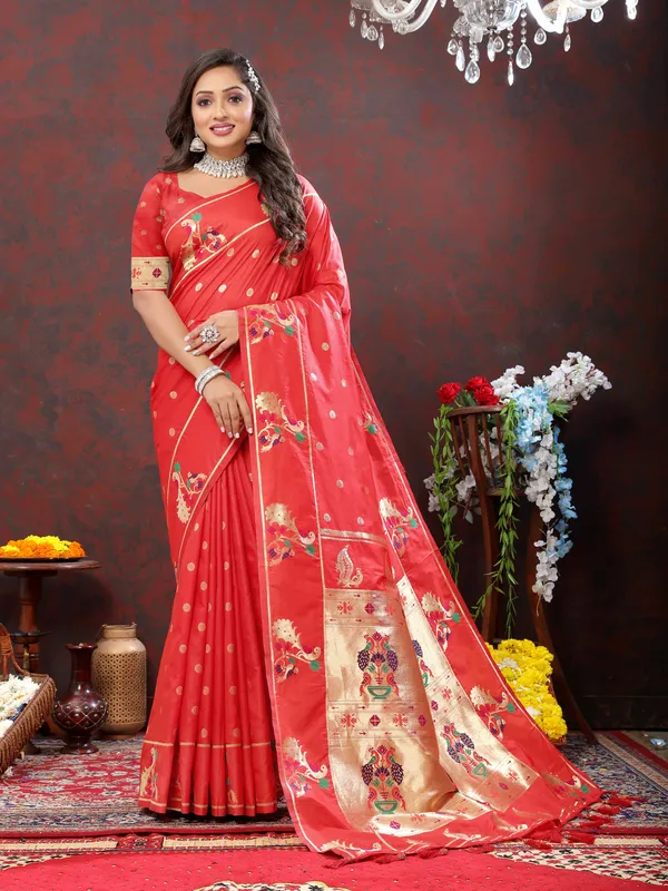 Red_Soft_Paithani_Silk_With_Gold_Zari_Weaving_Motifs_And_Rich_Zari_Weaving_Pallu_Saree