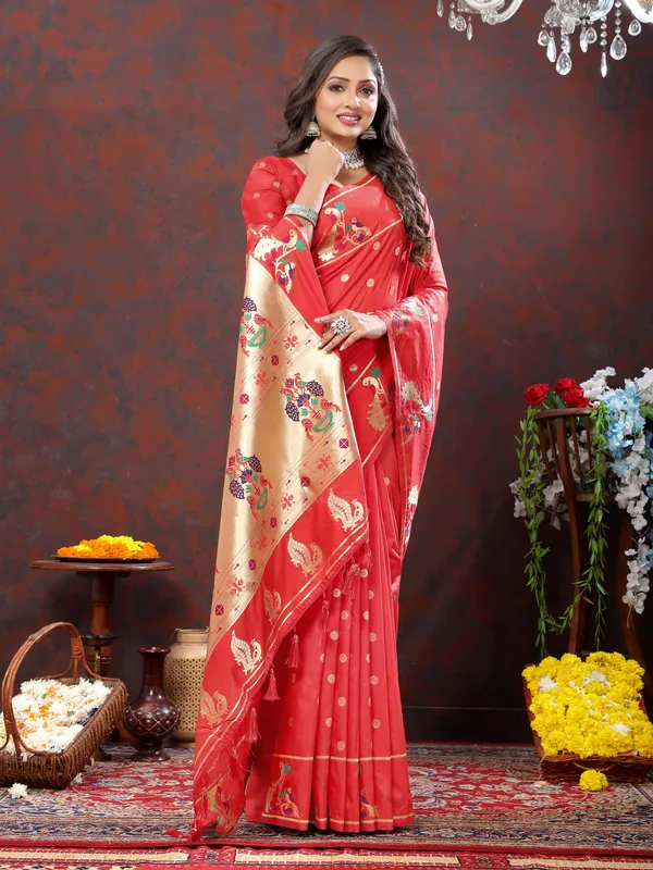 Red_Soft_Paithani_Silk_With_Gold_Zari_Weaving_Motifs_And_Rich_Zari_Weaving_Pallu_Saree