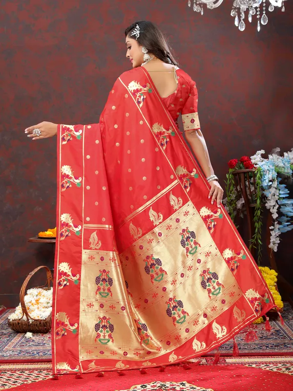 Red_Soft_Paithani_Silk_With_Gold_Zari_Weaving_Motifs_And_Rich_Zari_Weaving_Pallu_Saree