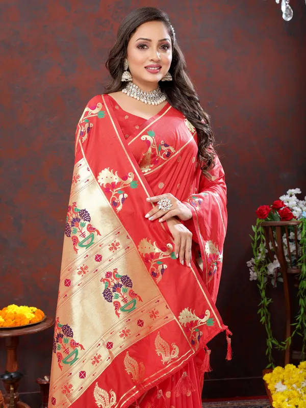 Red_Soft_Paithani_Silk_With_Gold_Zari_Weaving_Motifs_And_Rich_Zari_Weaving_Pallu_Saree