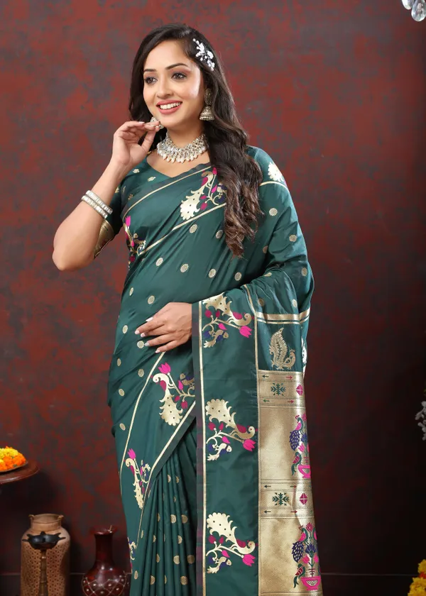 Olive_Green_Soft_Paithani_Silk_With_Gold_Zari_Weaving_Motifs_And_Rich_Zari_Weaving_Pallu_Saree