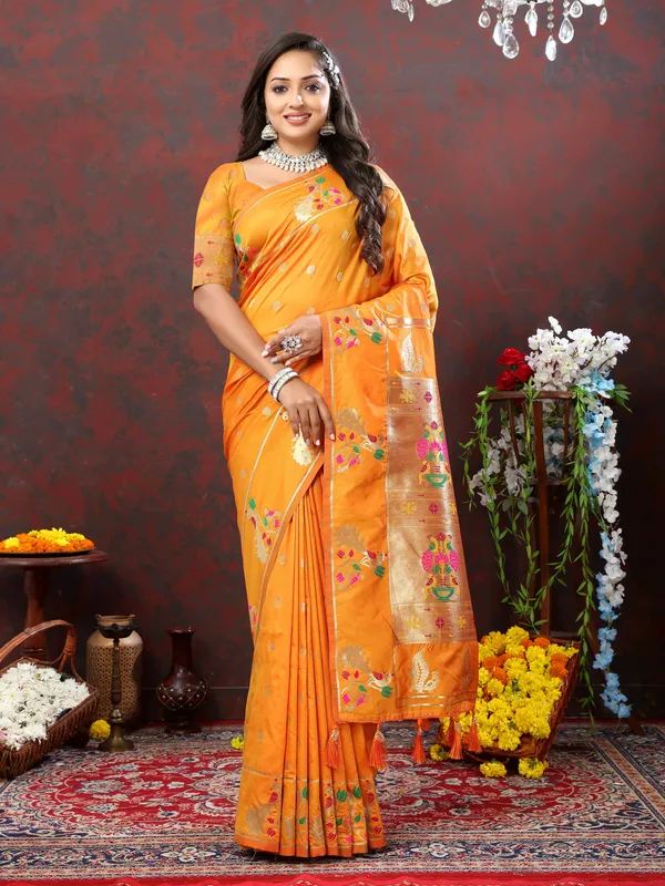 Orange_Soft_Paithani_Silk_With_Gold_Zari_Weaving_Motifs_And_Rich_Zari_Weaving_Pallu_Saree