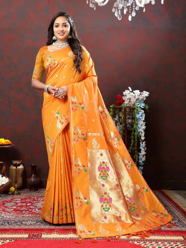 Orange_Soft_Paithani_Silk_With_Gold_Zari_Weaving_Motifs_And_Rich_Zari_Weaving_Pallu_Saree