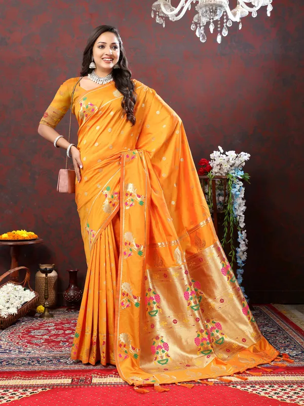 Orange_Soft_Paithani_Silk_With_Gold_Zari_Weaving_Motifs_And_Rich_Zari_Weaving_Pallu_Saree
