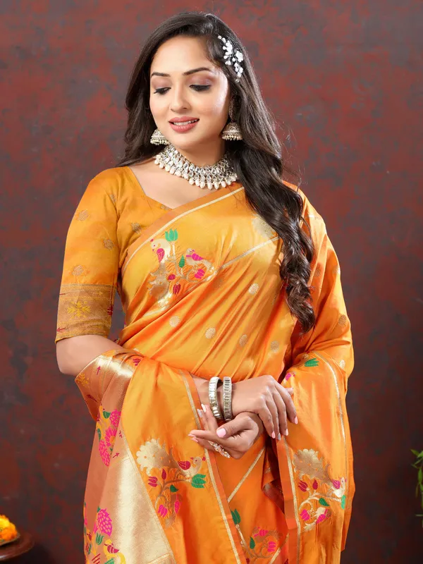 Orange_Soft_Paithani_Silk_With_Gold_Zari_Weaving_Motifs_And_Rich_Zari_Weaving_Pallu_Saree