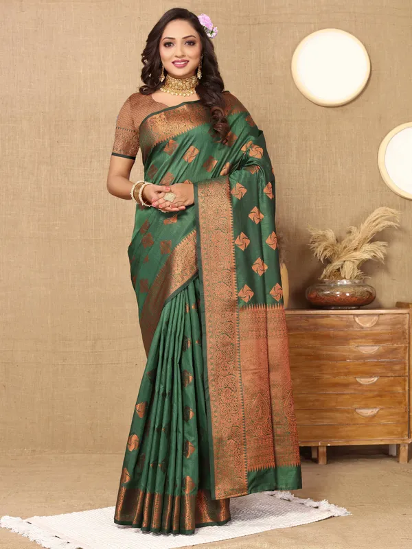 Green_Soft_Katan_Silk_With_Copper_Zari_Weaving_Design_And_Rich_Zari_Weaving_Pallu_Saree