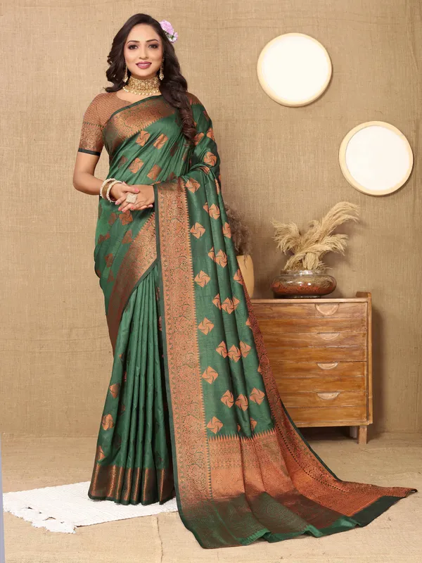 Green_Soft_Katan_Silk_With_Copper_Zari_Weaving_Design_And_Rich_Zari_Weaving_Pallu_Saree