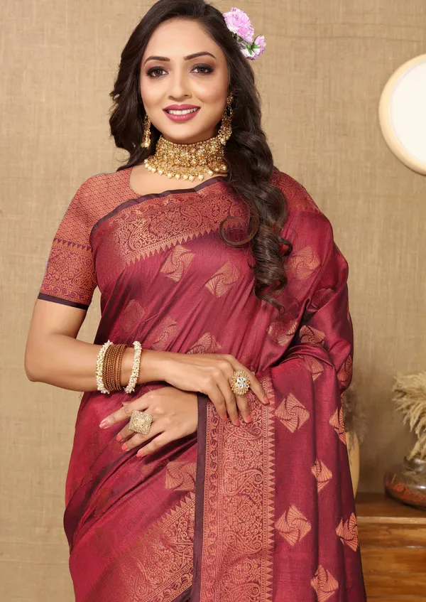 Maroon_Soft_Katan_Silk_With_Copper_Zari_Weaving_Design_And_Rich_Zari_Weaving_Pallu_Saree