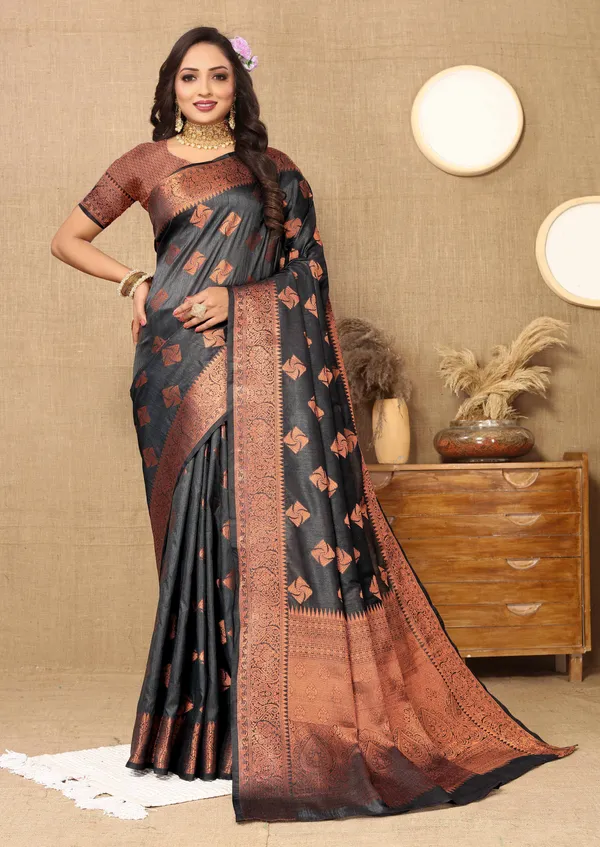 Black_Soft_Katan_Silk_With_Copper_Zari_Weaving_Design_And_Rich_Zari_Weaving_Pallu_Saree
