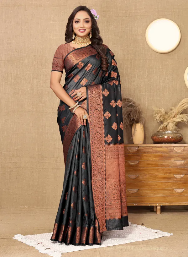 Black_Soft_Katan_Silk_With_Copper_Zari_Weaving_Design_And_Rich_Zari_Weaving_Pallu_Saree