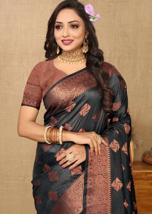 Black_Soft_Katan_Silk_With_Copper_Zari_Weaving_Design_And_Rich_Zari_Weaving_Pallu_Saree