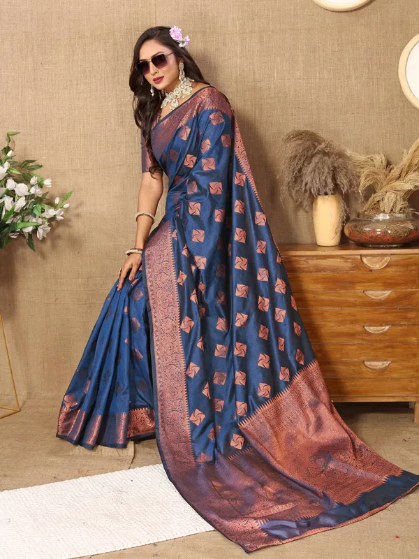 Blue_Soft_Katan_Silk_With_Copper_Zari_Weaving_Design_And_Rich_Zari_Weaving_Pallu_Saree
