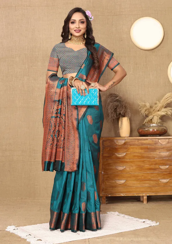 Peacoke_Blue_Soft_Katan_Silk_With_Copper_Zari_Weaving_Design_And_Rich_Zari_Weaving_Pallu_Saree