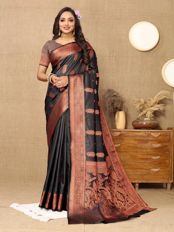 Black_Soft_Katan_Silk_With_Copper_Zari_Weaving_Design_And_Rich_Zari_Weaving_Pallu_Saree