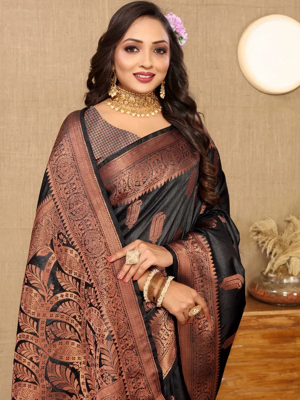 Black_Soft_Katan_Silk_With_Copper_Zari_Weaving_Design_And_Rich_Zari_Weaving_Pallu_Saree