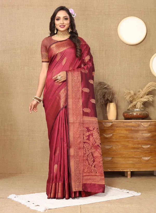 Red_Soft_Katan_Silk_With_Copper_Zari_Weaving_Design_And_Rich_Zari_Weaving_Pallu_Saree