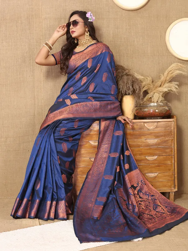Blue_Soft_Katan_Silk_With_Copper_Zari_Weaving_Design_And_Rich_Zari_Weaving_Pallu_Saree