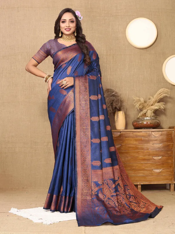 Blue_Soft_Katan_Silk_With_Copper_Zari_Weaving_Design_And_Rich_Zari_Weaving_Pallu_Saree