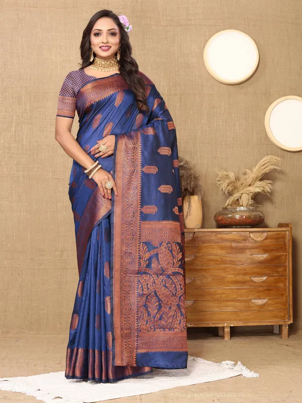 Blue_Soft_Katan_Silk_With_Copper_Zari_Weaving_Design_And_Rich_Zari_Weaving_Pallu_Saree