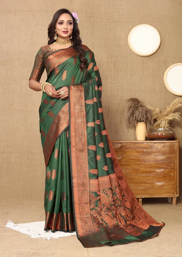 Green_Soft_Katan_Silk_With_Copper_Zari_Weaving_Design_And_Rich_Zari_Weaving_Pallu_Saree