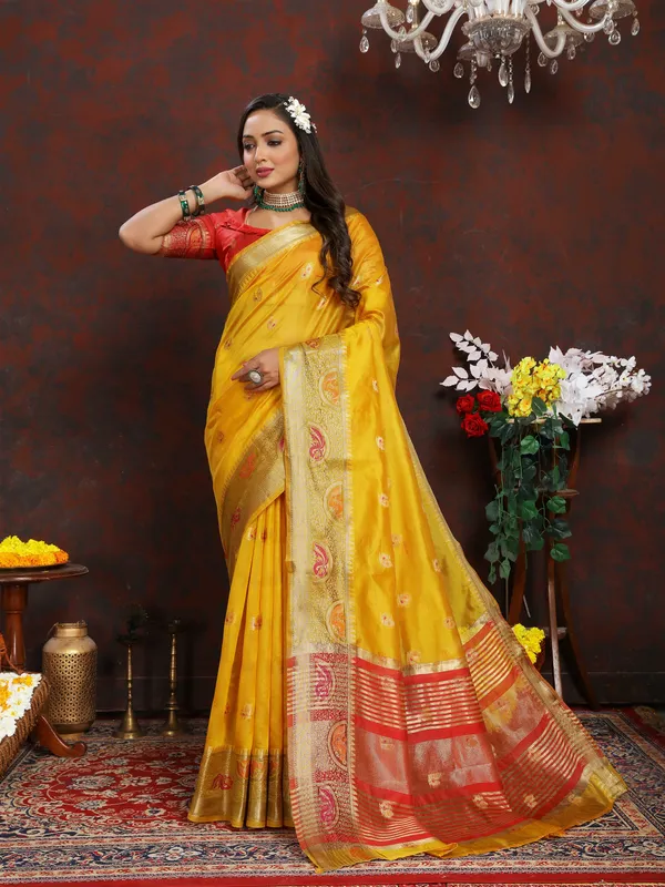 Yellow_Soft_Organza_Silk_Saree_with_Meenakari_Weaving_Motifs_and_Zari