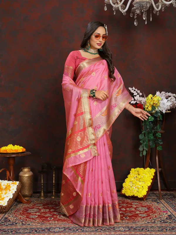 Light_Pink_Soft_Organza_Silk_With_Meenakari_Weaving_Motifs_And_Zari_Weaving_Pallu_Saree