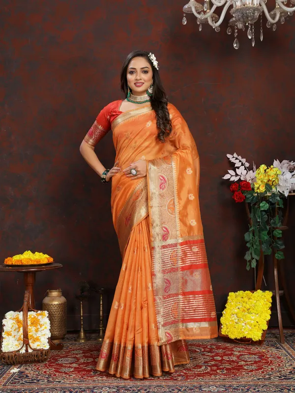 Peach_Soft_Organza_Silk_With_Meenakari_Weaving_Motifs_And_Zari_Weaving_Pallu_Saree