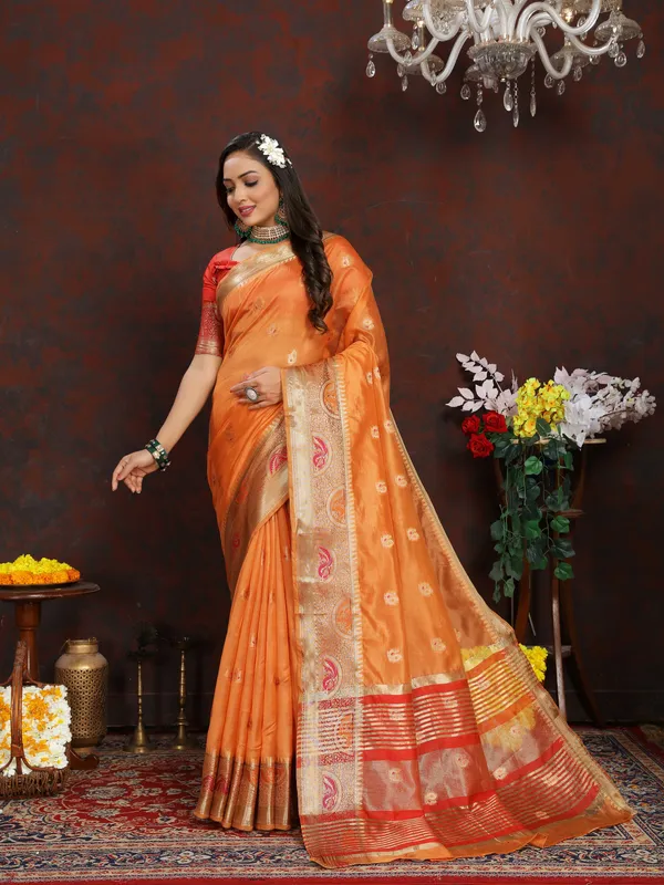 Peach_Soft_Organza_Silk_With_Meenakari_Weaving_Motifs_And_Zari_Weaving_Pallu_Saree