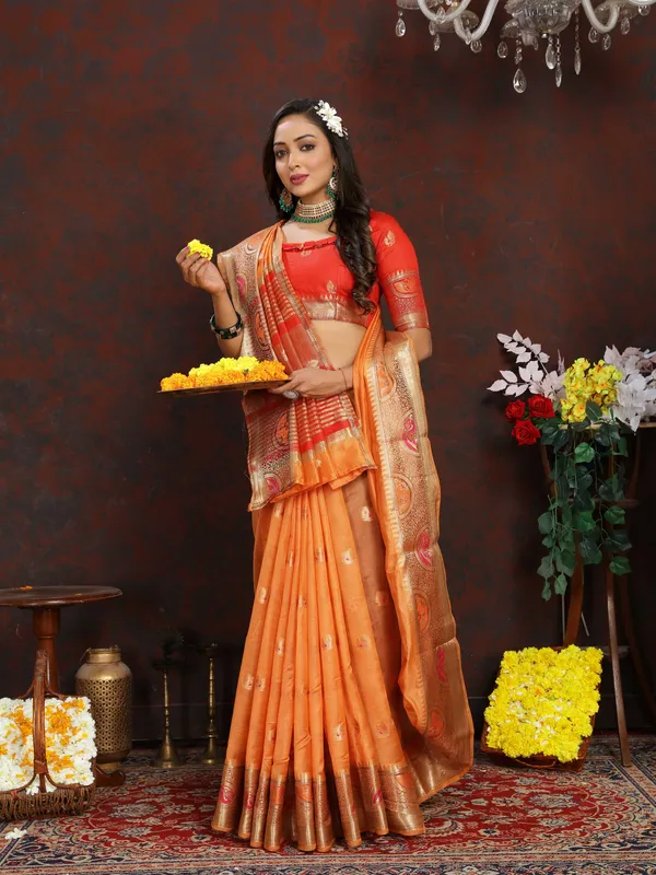 Peach_Soft_Organza_Silk_With_Meenakari_Weaving_Motifs_And_Zari_Weaving_Pallu_Saree
