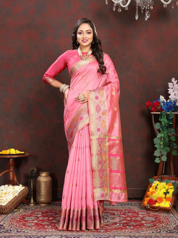 Light_Pink_Soft_Organza_Silk_With_Meenakari_Weaving_Motifs_And_Zari_Weaving_Pallu_Saree