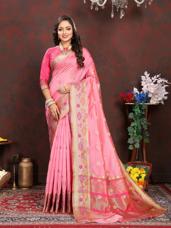 Light_Pink_Soft_Organza_Silk_With_Meenakari_Weaving_Motifs_And_Zari_Weaving_Pallu_Saree