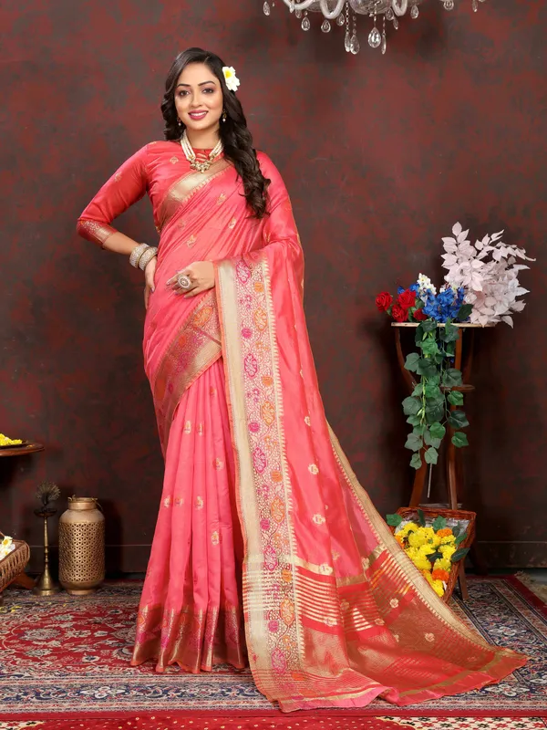 Pink_Soft_Organza_Silk_With_Meenakari_Weaving_Motifs_And_Zari_Weaving_Pallu_Saree