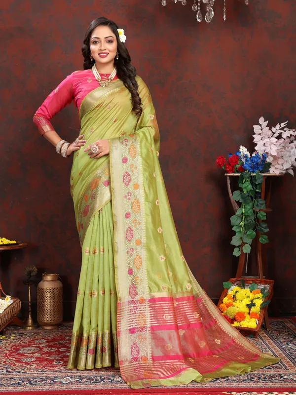 Pista_Green_Soft_Organza_Silk_With_Meenakari_Weaving_Motifs_And_Zari_Weaving_Pallu_Saree