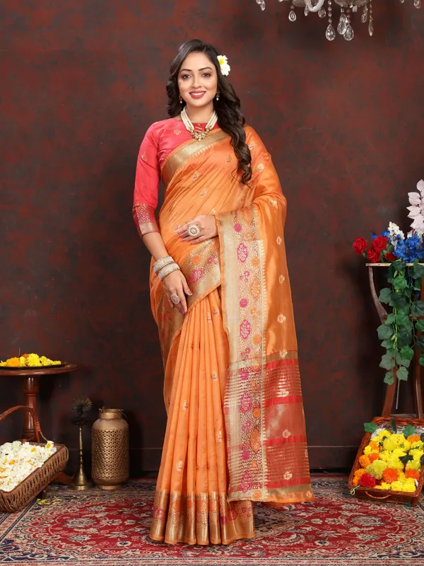 Peach_Soft_Organza_Silk_With_Meenakari_Weaving_Motifs_And_Zari_Weaving_Pallu_Saree