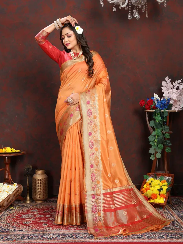 Peach_Soft_Organza_Silk_With_Meenakari_Weaving_Motifs_And_Zari_Weaving_Pallu_Saree