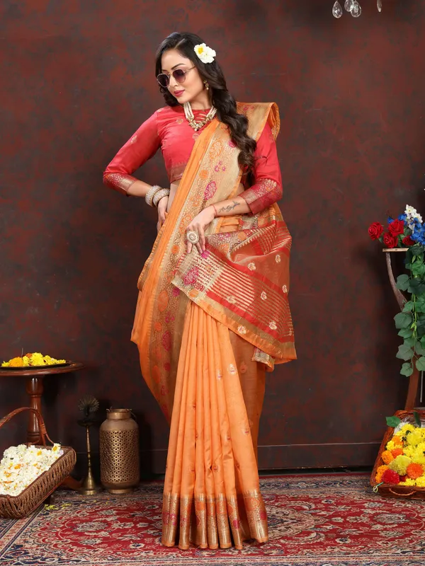 Peach_Soft_Organza_Silk_With_Meenakari_Weaving_Motifs_And_Zari_Weaving_Pallu_Saree
