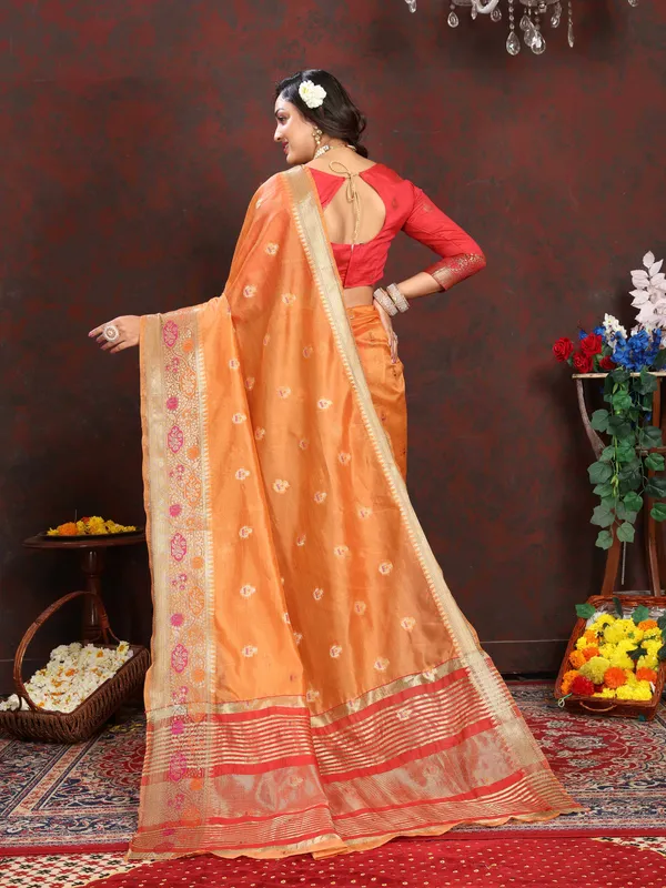 Peach_Soft_Organza_Silk_With_Meenakari_Weaving_Motifs_And_Zari_Weaving_Pallu_Saree