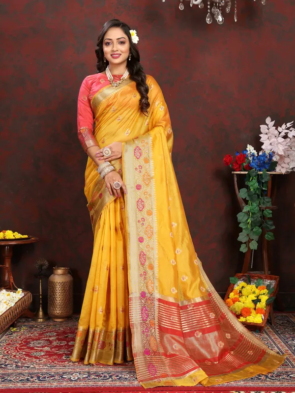 Yellow_Soft_Organza_Silk_With_Meenakari_Weaving_Motifs_And_Zari_Weaving_Pallu_Saree