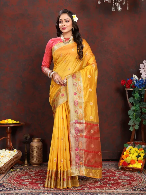Yellow_Soft_Organza_Silk_With_Meenakari_Weaving_Motifs_And_Zari_Weaving_Pallu_Saree