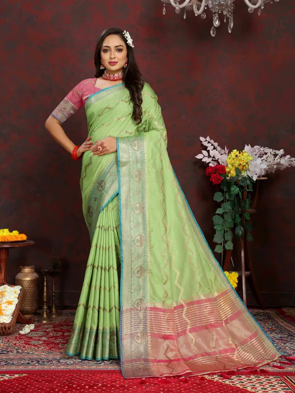 Pista_Green_Soft_Katan_Silk_With_Zari_Weaving_Design_And_Zari_Weaving_Pallu_Border_Saree