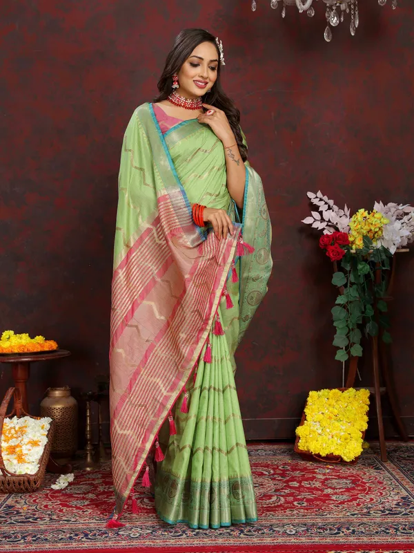 Pista_Green_Soft_Katan_Silk_With_Zari_Weaving_Design_And_Zari_Weaving_Pallu_Border_Saree