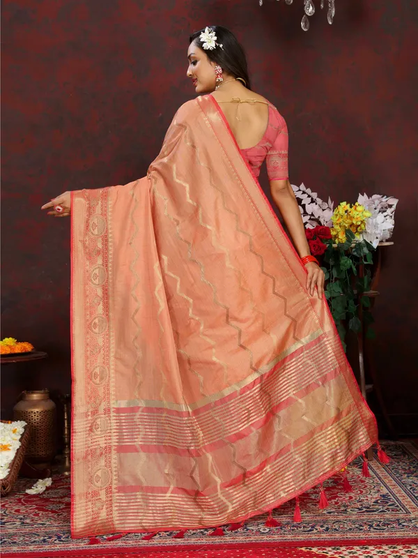 Peach_Soft_Katan_Silk_With_Zari_Weaving_Design_And_Zari_Weaving_Pallu_Border_Saree