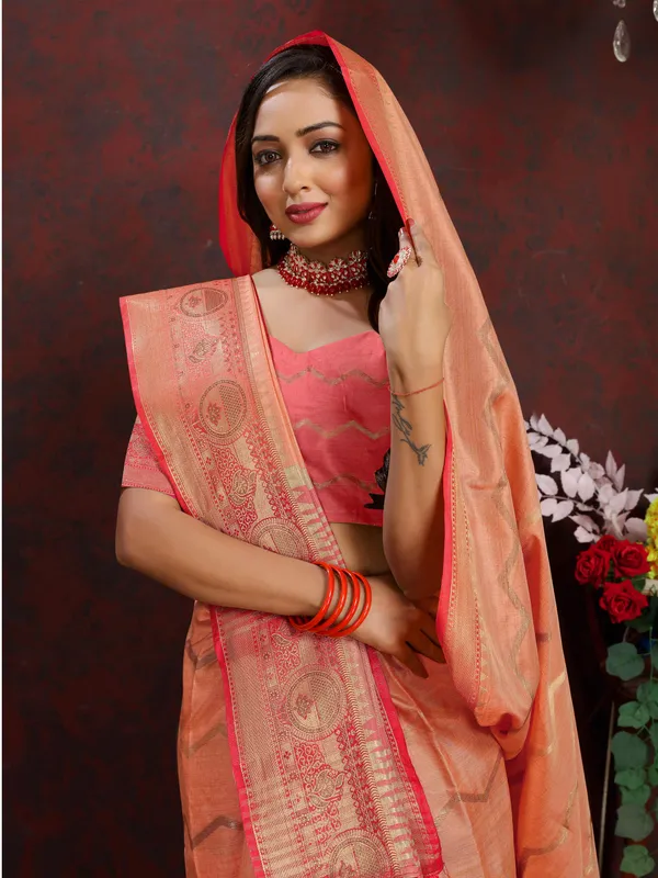 Peach_Soft_Katan_Silk_With_Zari_Weaving_Design_And_Zari_Weaving_Pallu_Border_Saree