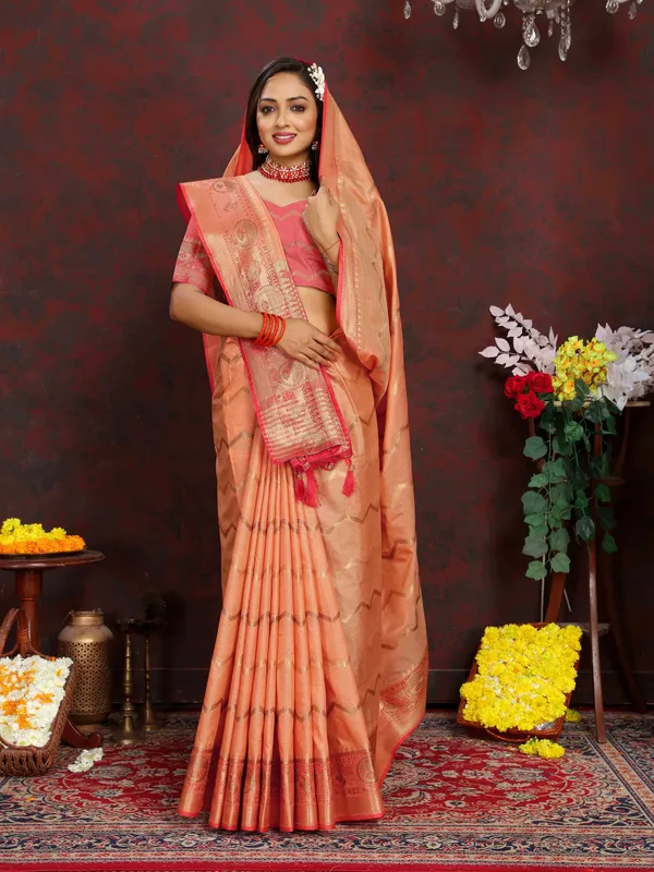 Peach_Soft_Katan_Silk_With_Zari_Weaving_Design_And_Zari_Weaving_Pallu_Border_Saree